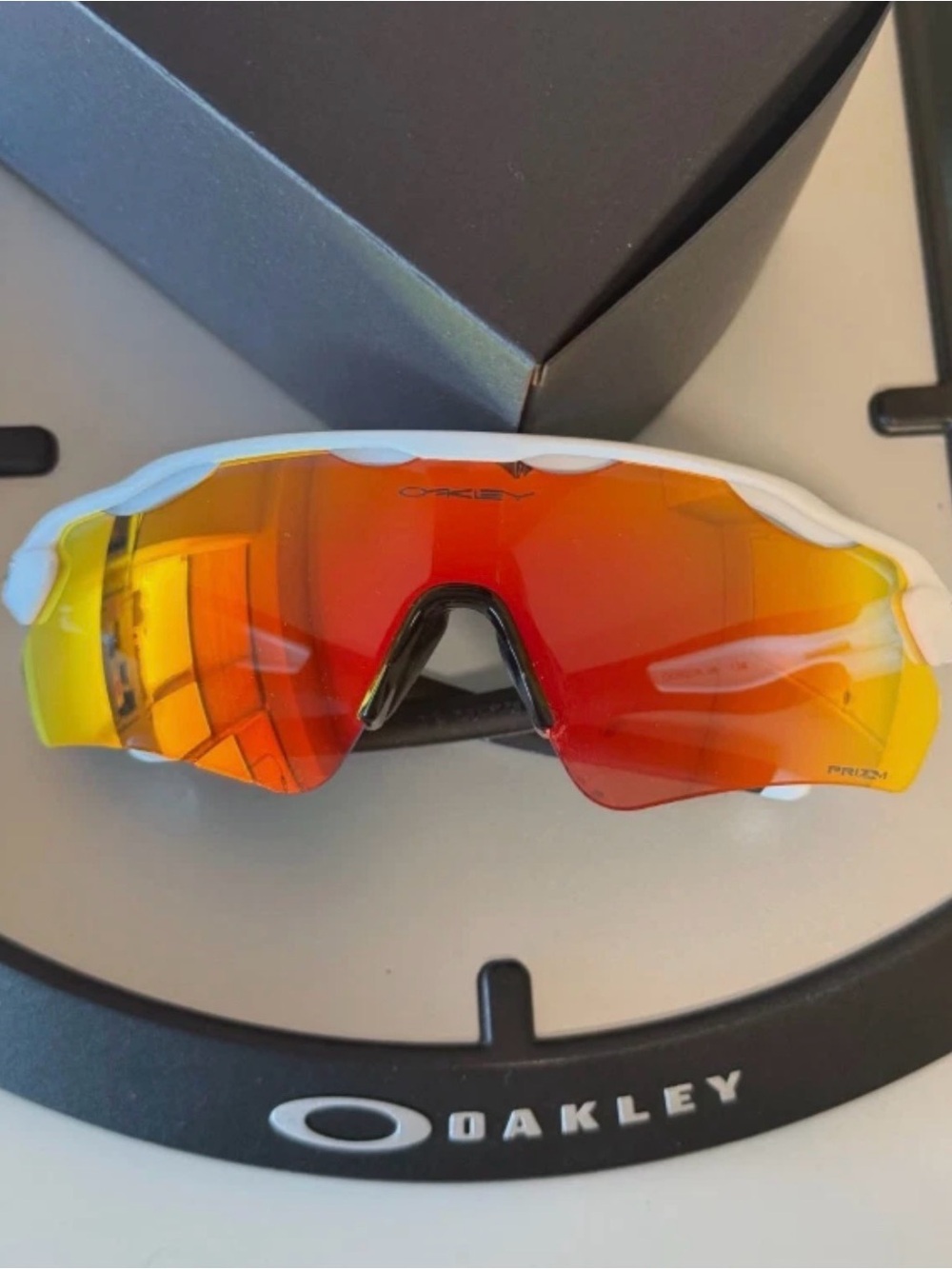 Oakley White Frame Sunglasses with Red and Yellow Mirrored Lens